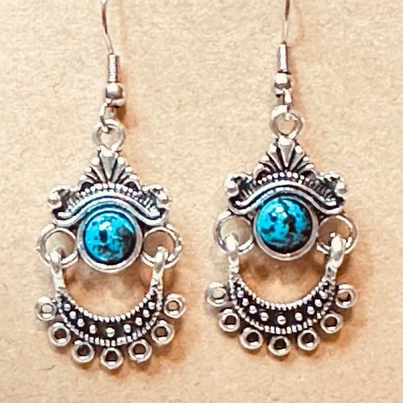 Silver Tone & Blue Stone/Bead Earrings. Hinge at Halfway - Picture 2 of 6